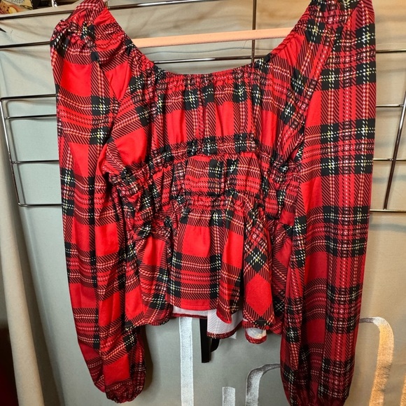 NWOT Red Plaid Blouse with Black Bow Accents - Picture 4 of 4